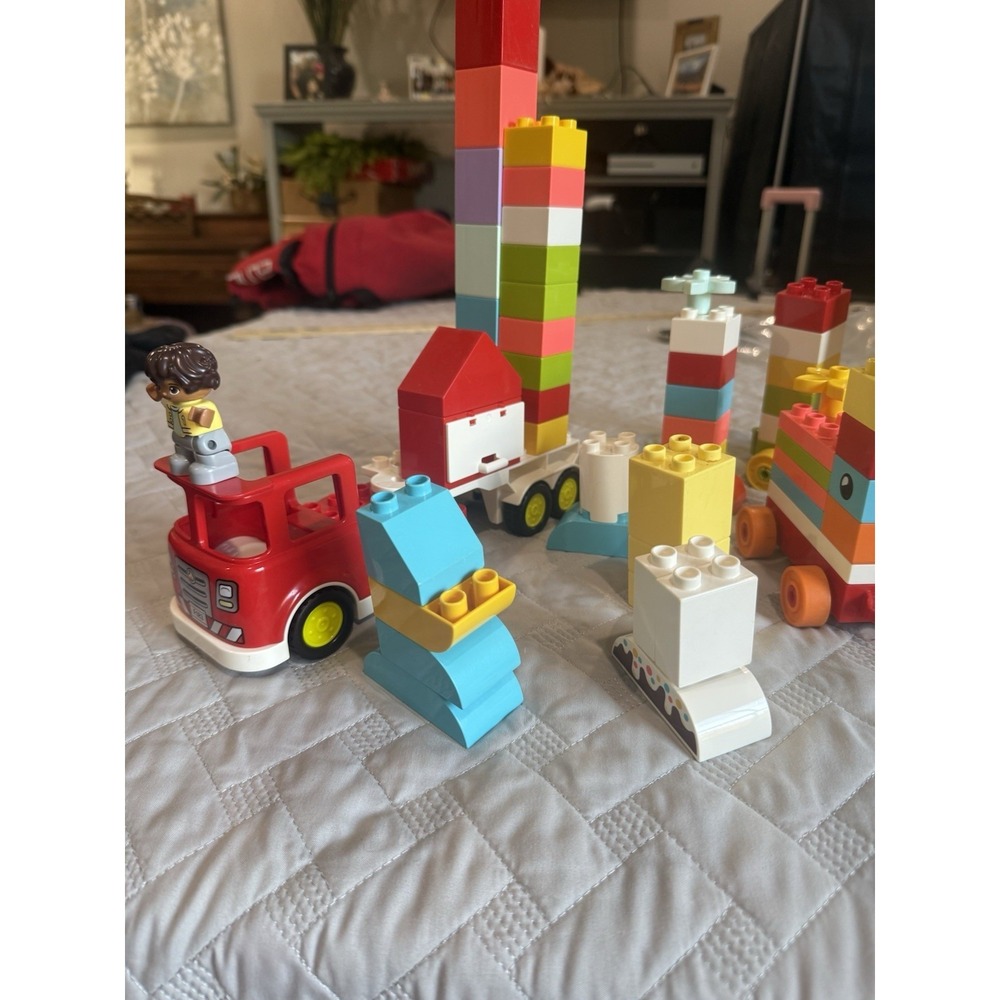 LEGO Duplo Lot of Over 50 Colored Bricks Firetruck, Train Piece, 1 Person